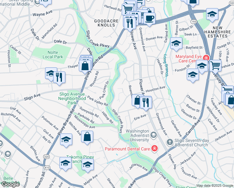map of restaurants, bars, coffee shops, grocery stores, and more near 8208 Houston Court in Takoma Park