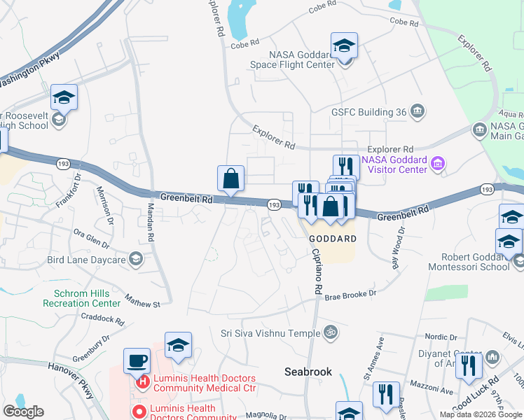 map of restaurants, bars, coffee shops, grocery stores, and more near 8569 Greenbelt Road in Greenbelt