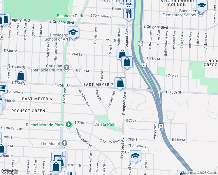 map of restaurants, bars, coffee shops, grocery stores, and more near 7932 Olive Street in Kansas City