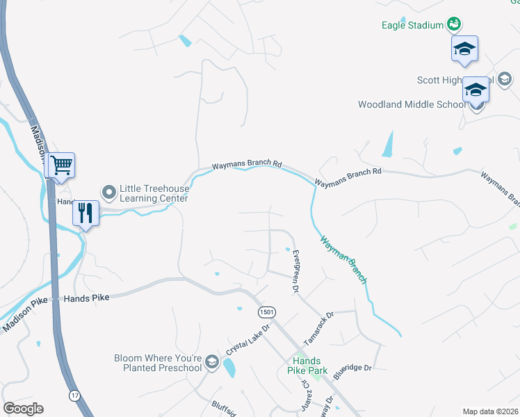 map of restaurants, bars, coffee shops, grocery stores, and more near 2490 Landview Drive in Covington