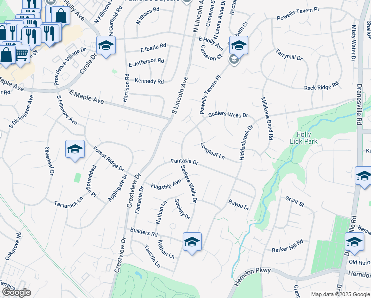map of restaurants, bars, coffee shops, grocery stores, and more near 1547 Sadlers Wells Drive in Herndon