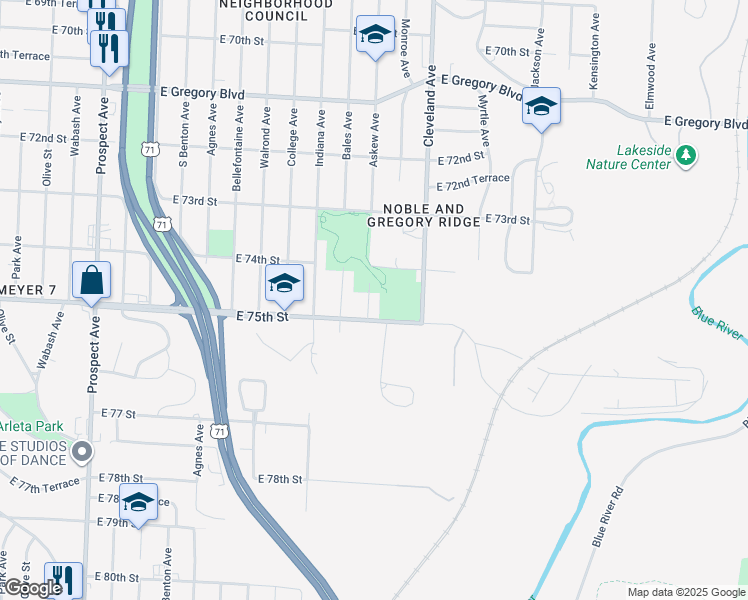 map of restaurants, bars, coffee shops, grocery stores, and more near 7439 Askew Avenue in Kansas City