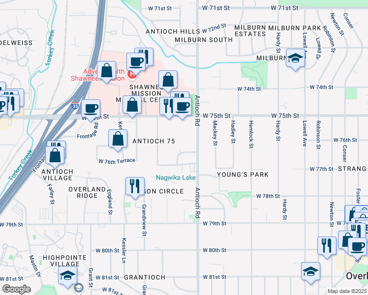 map of restaurants, bars, coffee shops, grocery stores, and more near 7608 Slater Street in Overland Park