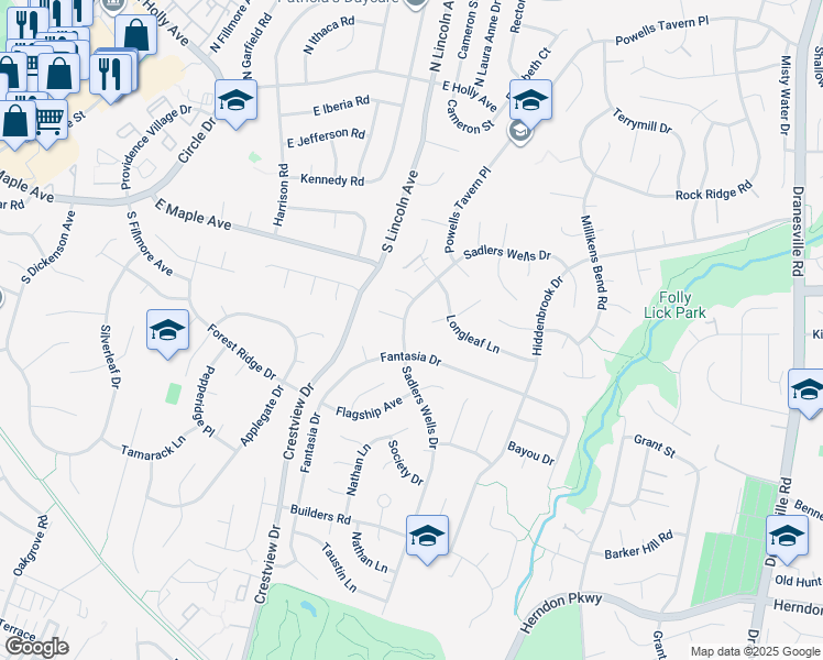 map of restaurants, bars, coffee shops, grocery stores, and more near 1547 Sadlers Wells Drive in Herndon