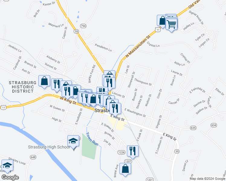 map of restaurants, bars, coffee shops, grocery stores, and more near 314 North Massanutten Street in Strasburg