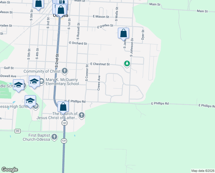 map of restaurants, bars, coffee shops, grocery stores, and more near 407 East College Street in Odessa
