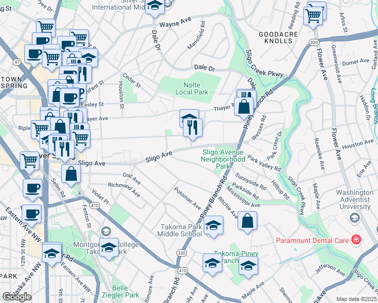 map of restaurants, bars, coffee shops, grocery stores, and more near 620 Sligo Avenue in Silver Spring