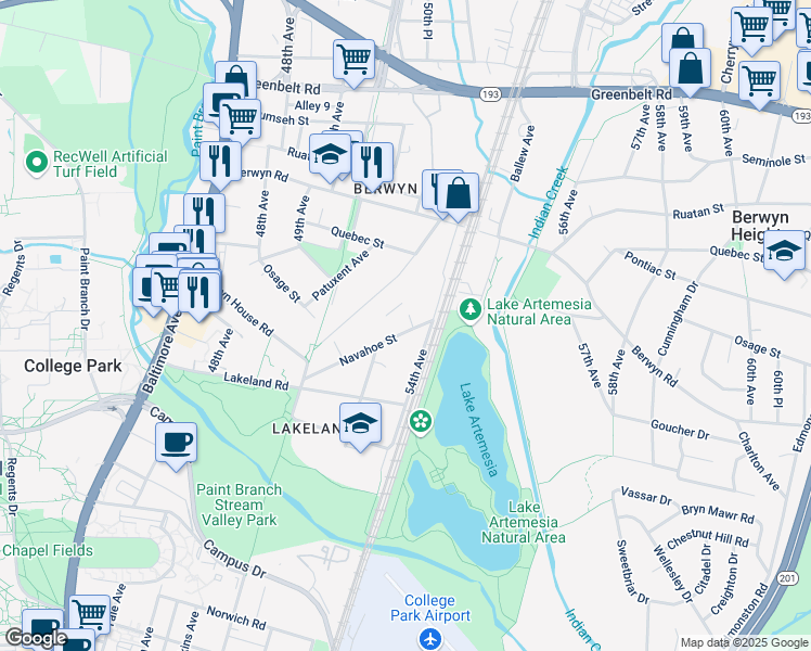map of restaurants, bars, coffee shops, grocery stores, and more near 5126 Navahoe Street in College Park