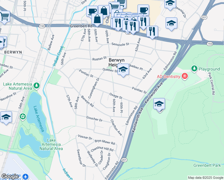 map of restaurants, bars, coffee shops, grocery stores, and more near 8608 60th Avenue in Berwyn Heights
