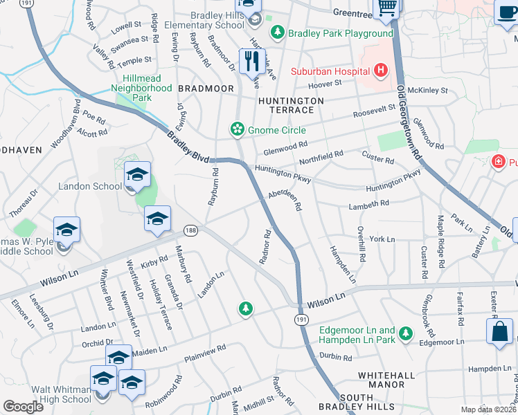map of restaurants, bars, coffee shops, grocery stores, and more near 5800 Aberdeen Road in Bethesda