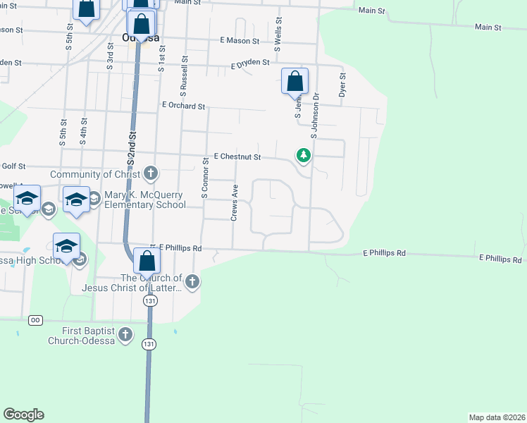 map of restaurants, bars, coffee shops, grocery stores, and more near 407 East College Street in Odessa