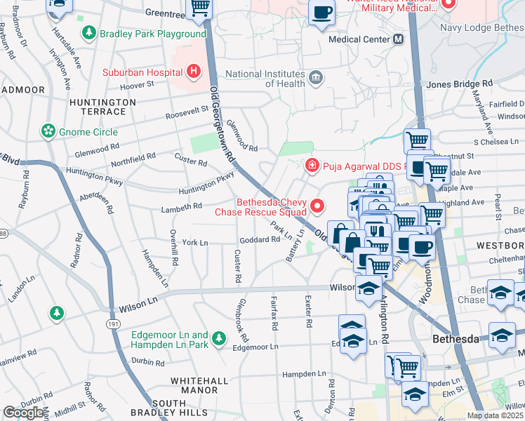 map of restaurants, bars, coffee shops, grocery stores, and more near 8029 Park Lane in Bethesda