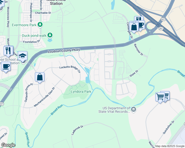 map of restaurants, bars, coffee shops, grocery stores, and more near 22615 Upperville Heights Square in Ashburn