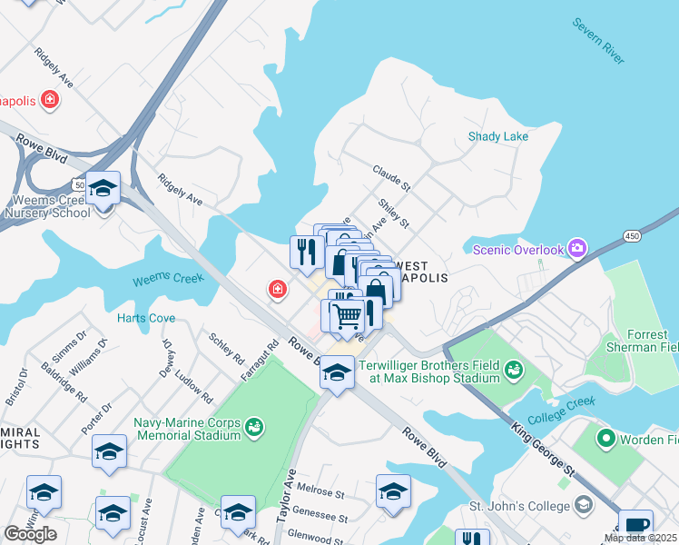 map of restaurants, bars, coffee shops, grocery stores, and more near 114 Annapolis Street in Annapolis