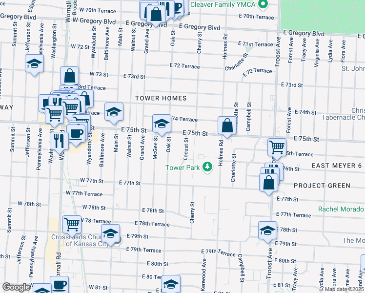 map of restaurants, bars, coffee shops, grocery stores, and more near 7522 Locust Street in Kansas City