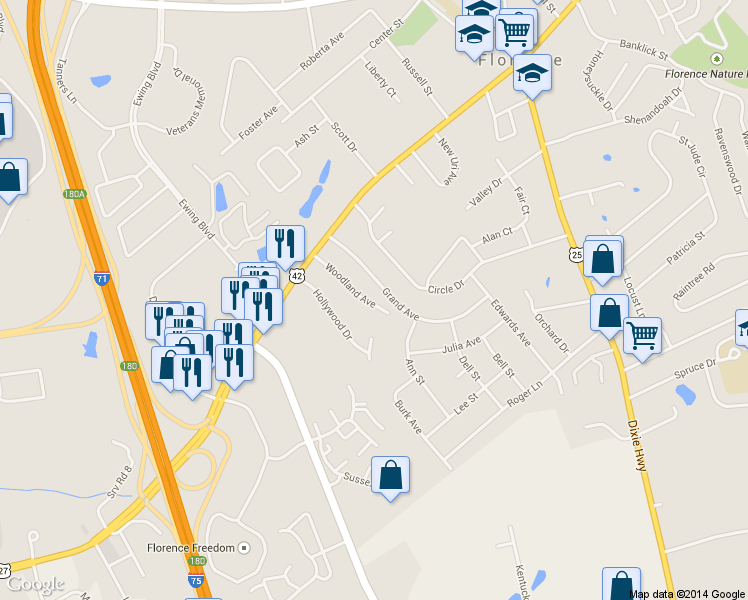 map of restaurants, bars, coffee shops, grocery stores, and more near 24 Woodland Avenue in Florence