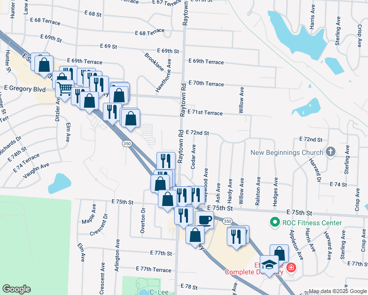 map of restaurants, bars, coffee shops, grocery stores, and more near 7215 Raytown Road in Raytown