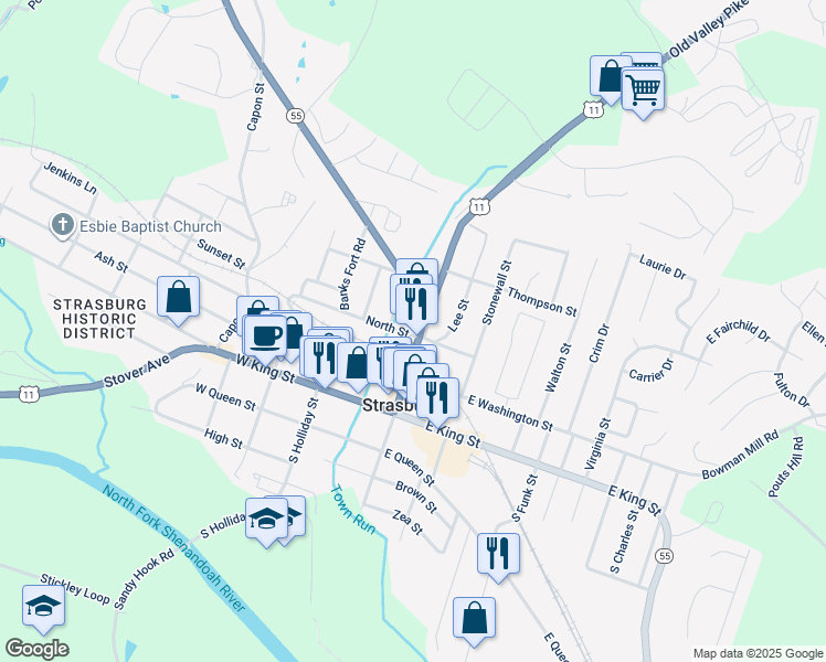 map of restaurants, bars, coffee shops, grocery stores, and more near 309 North Massanutten Street in Strasburg