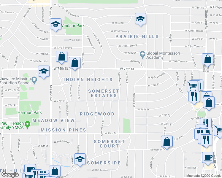 map of restaurants, bars, coffee shops, grocery stores, and more near 7614 Chadwick Street in Prairie Village