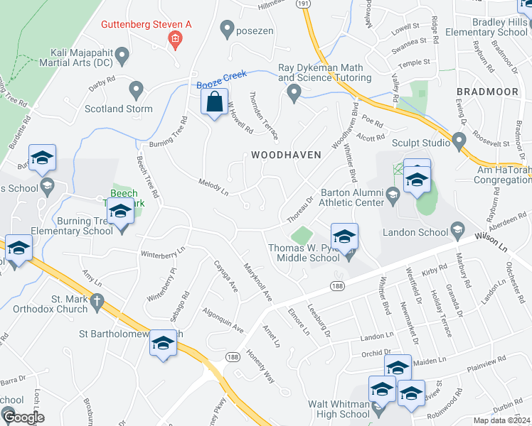 map of restaurants, bars, coffee shops, grocery stores, and more near 8201 Wahly Drive in Bethesda
