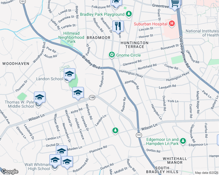 map of restaurants, bars, coffee shops, grocery stores, and more near 5903 Aberdeen Road in Bethesda
