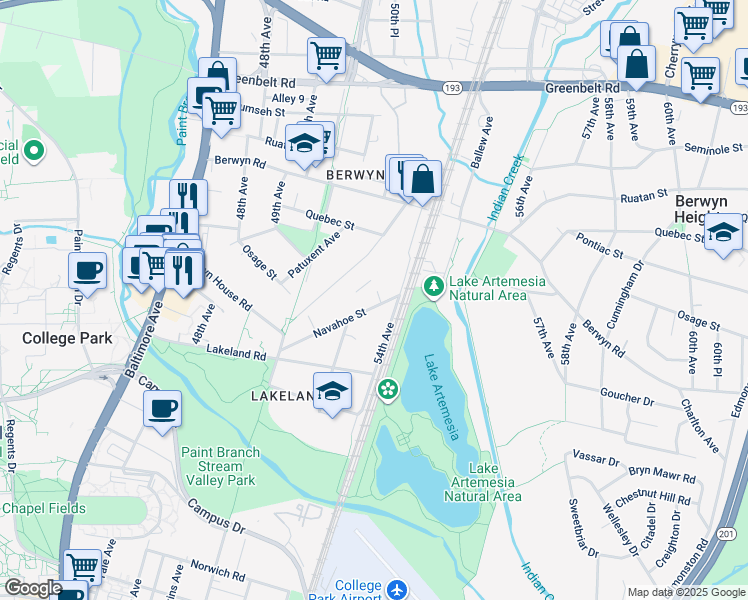 map of restaurants, bars, coffee shops, grocery stores, and more near 5126 Navahoe Street in College Park