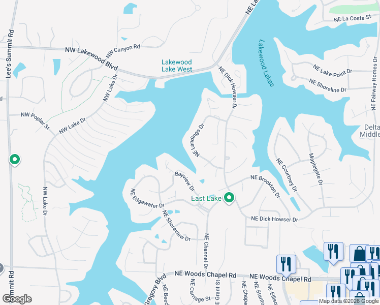 map of restaurants, bars, coffee shops, grocery stores, and more near 310 NE Landings Dr in Lee's Summit