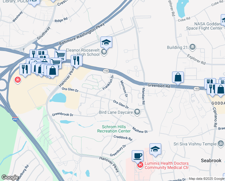 map of restaurants, bars, coffee shops, grocery stores, and more near 7323 Sunrise Ct in Greenbelt