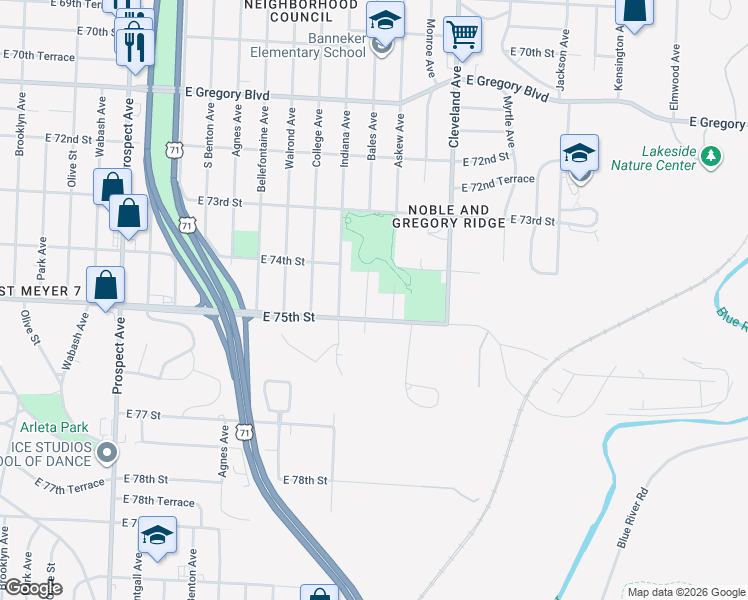 map of restaurants, bars, coffee shops, grocery stores, and more near 7427 Bales Avenue in Kansas City