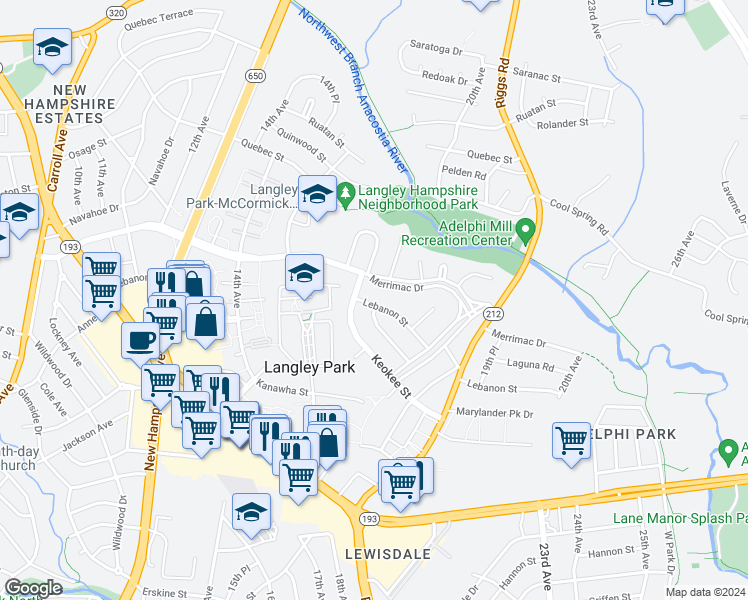 map of restaurants, bars, coffee shops, grocery stores, and more near 1604 Lebanon Street in Hyattsville
