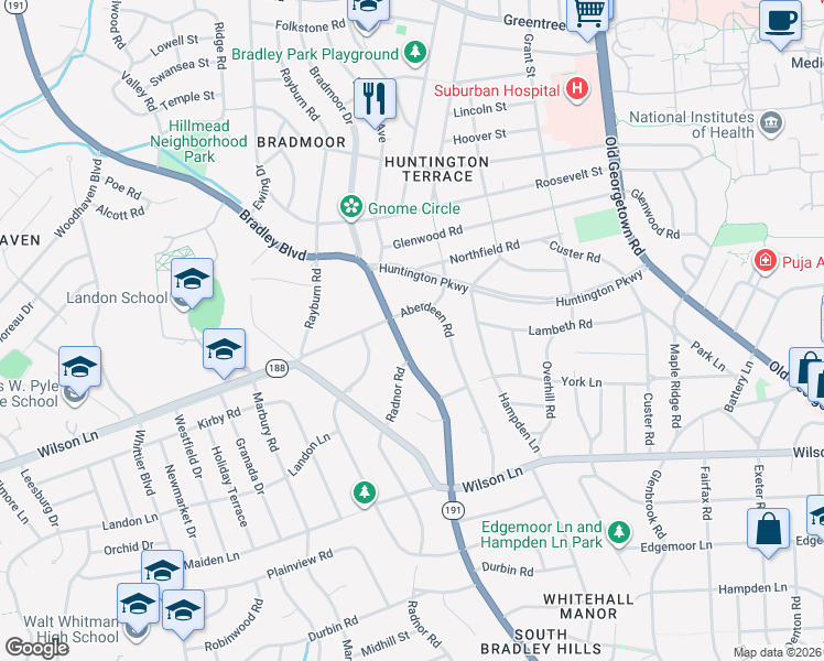 map of restaurants, bars, coffee shops, grocery stores, and more near 5823 Bradley Boulevard in Bethesda