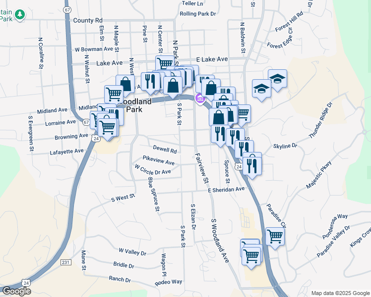 map of restaurants, bars, coffee shops, grocery stores, and more near 109 East Chester Avenue in Woodland Park