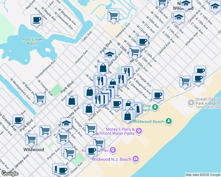 map of restaurants, bars, coffee shops, grocery stores, and more near in Wildwood
