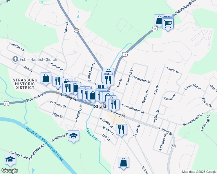 map of restaurants, bars, coffee shops, grocery stores, and more near 309 North Massanutten Street in Strasburg