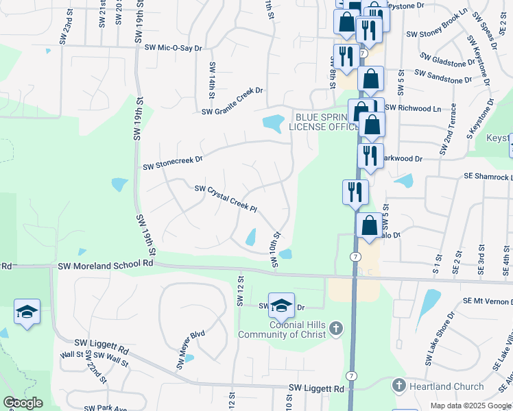 map of restaurants, bars, coffee shops, grocery stores, and more near 1203 Southwest Crystal Creek Place in Blue Springs