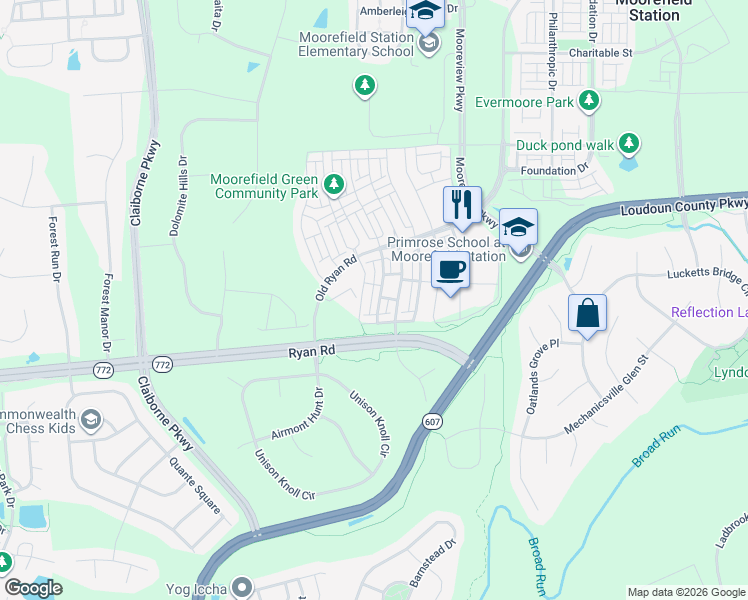 map of restaurants, bars, coffee shops, grocery stores, and more near 22623 Cambridgeport Square in Ashburn