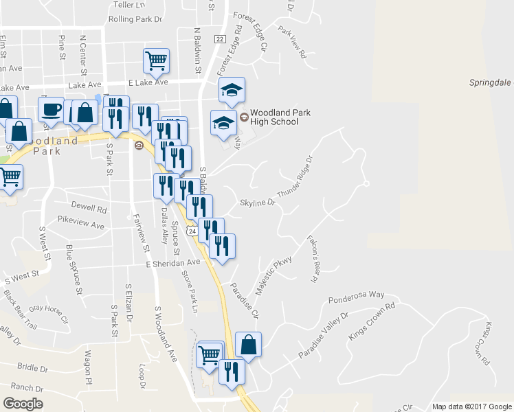 map of restaurants, bars, coffee shops, grocery stores, and more near 661 Skyline Drive in Woodland Park