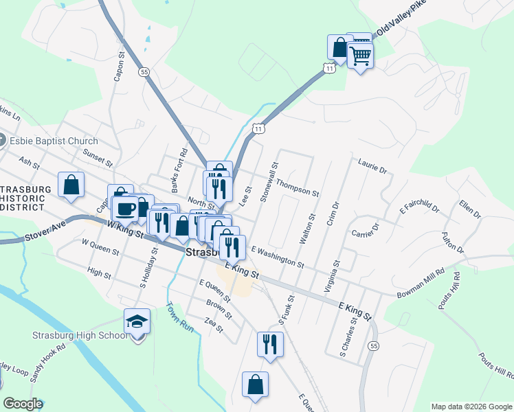 map of restaurants, bars, coffee shops, grocery stores, and more near 335 Stonewall Street in Strasburg