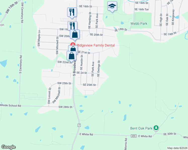 map of restaurants, bars, coffee shops, grocery stores, and more near 2401 Southeast Park Avenue in Oak Grove