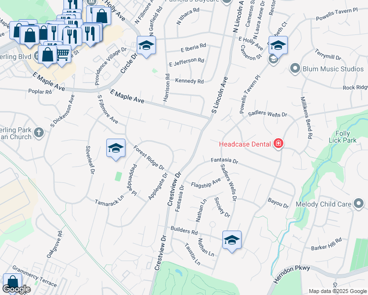 map of restaurants, bars, coffee shops, grocery stores, and more near 107 Cottonwood Court in Sterling