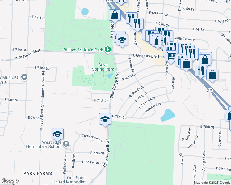 map of restaurants, bars, coffee shops, grocery stores, and more near 8801 East 73rd Street in Raytown