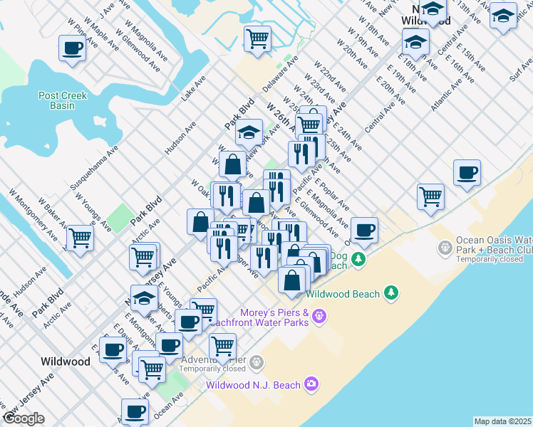 map of restaurants, bars, coffee shops, grocery stores, and more near 3200 Pacific Avenue in Wildwood