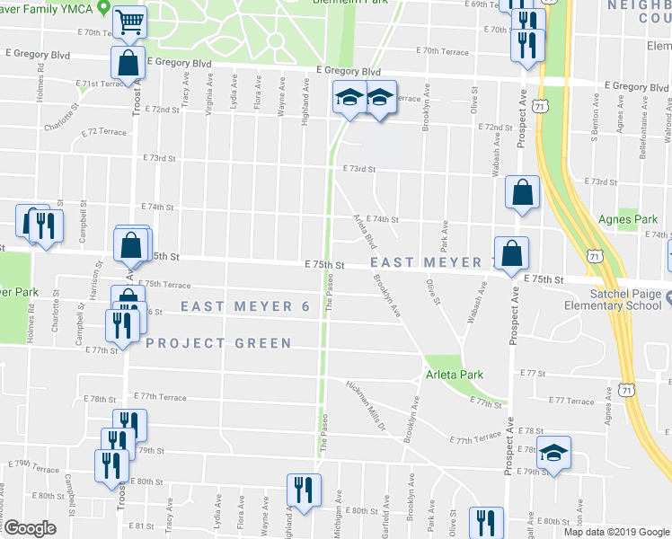 map of restaurants, bars, coffee shops, grocery stores, and more near 7503 The Paseo in Kansas City