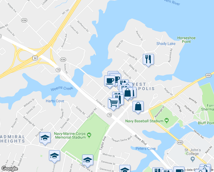 map of restaurants, bars, coffee shops, grocery stores, and more near 606 Monterey Avenue in Annapolis