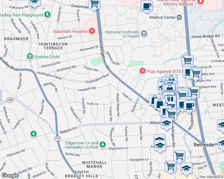 map of restaurants, bars, coffee shops, grocery stores, and more near 8009 Custer Road in Bethesda