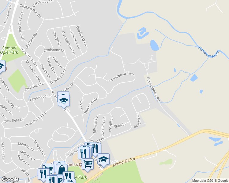 map of restaurants, bars, coffee shops, grocery stores, and more near 13544 Youngwood Turn in Bowie