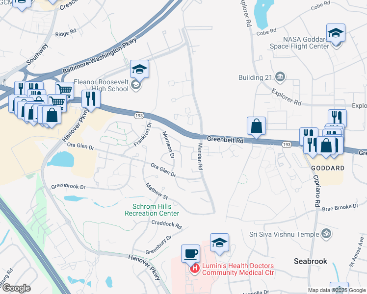 map of restaurants, bars, coffee shops, grocery stores, and more near 7323 Morrison Drive in Greenbelt