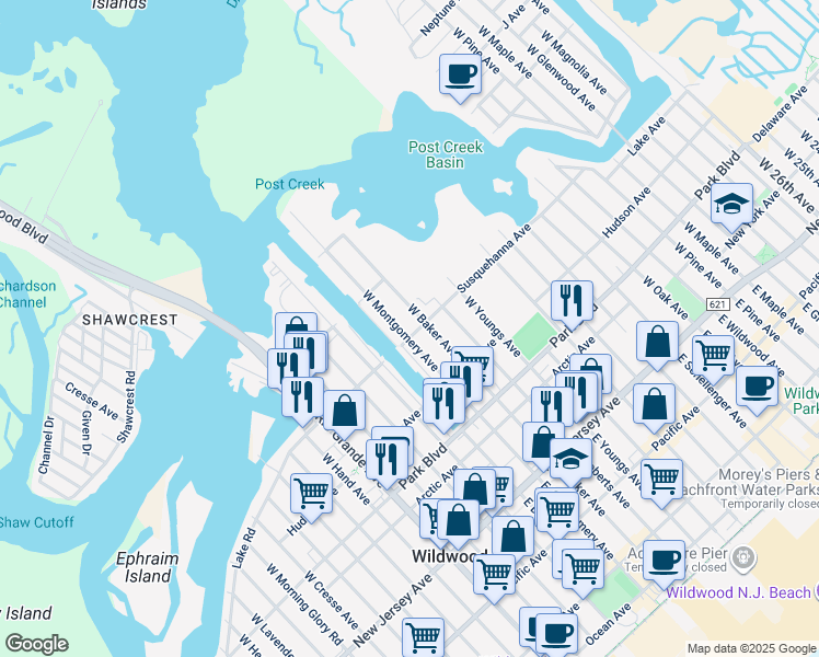 map of restaurants, bars, coffee shops, grocery stores, and more near 4304 Susquehanna Avenue in Wildwood