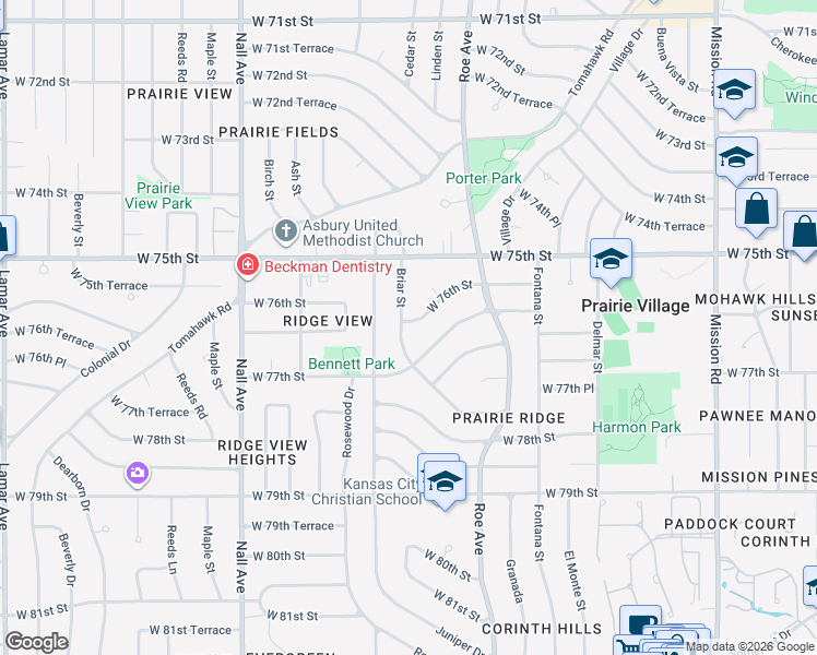 map of restaurants, bars, coffee shops, grocery stores, and more near 7601 Briar Street in Prairie Village
