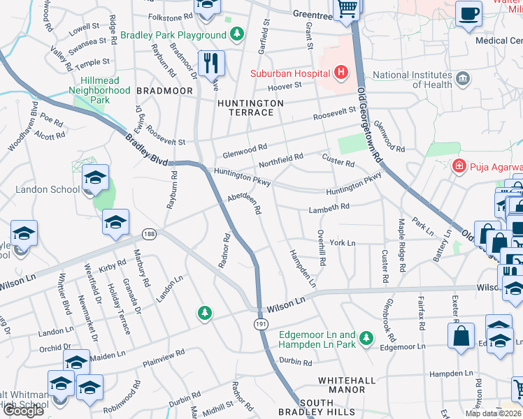 map of restaurants, bars, coffee shops, grocery stores, and more near 8021 Aberdeen Road in Bethesda